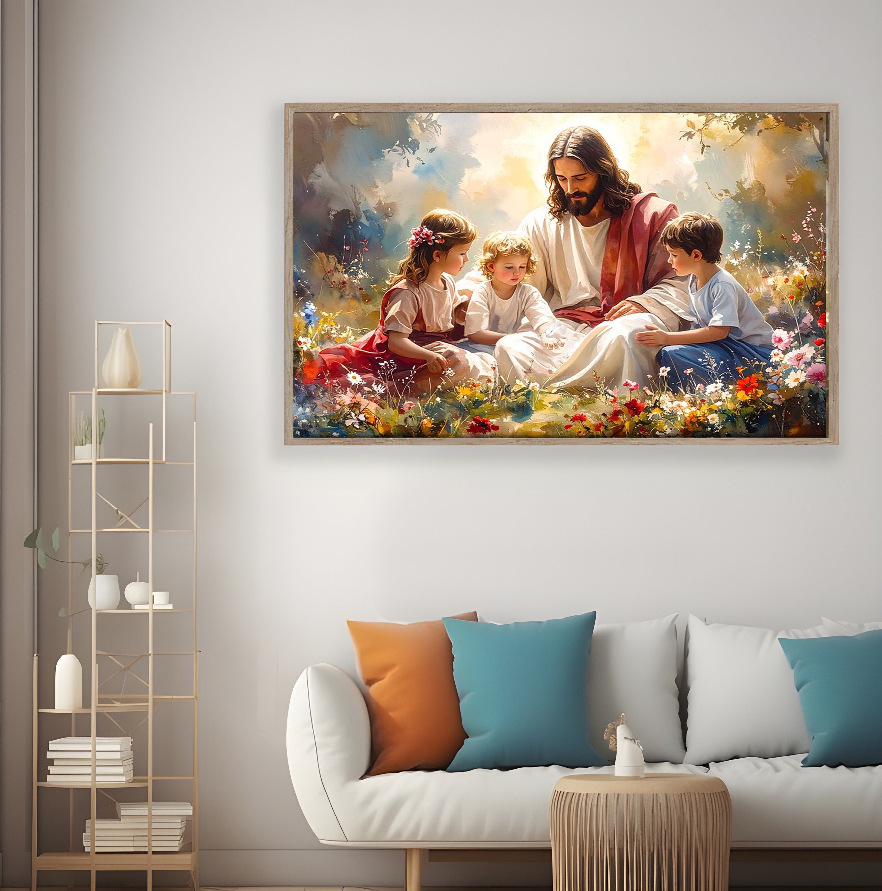 Jesus With Children Faith Wall Art, Christian Wall Art,  Jesus Faith Printed Art, Christian Home Decor, Religious Artwork for Living Room